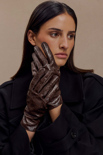 Atlas Faux Leather Crocodile Gloves Chocolate