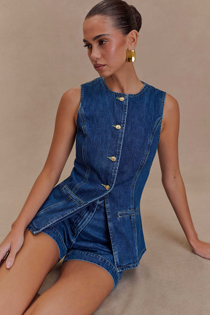Abel Denim Button Up Top Dark Blue