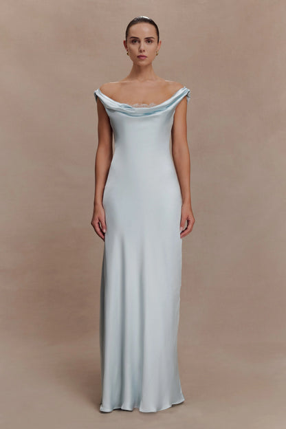 Ashley Cowl Neck Lace And Satin Maxi Dress Ice Blue
