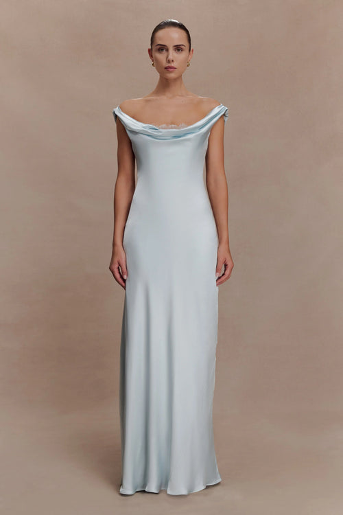 Ashley Cowl Neck Lace And Satin Maxi Dress Ice Blue