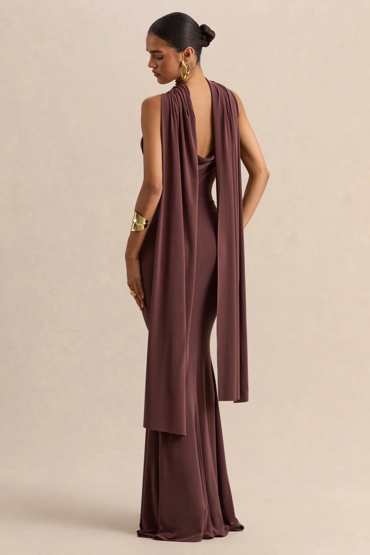 Armelia Brown Cowl Neck Maxi Dress With Scarf Detail