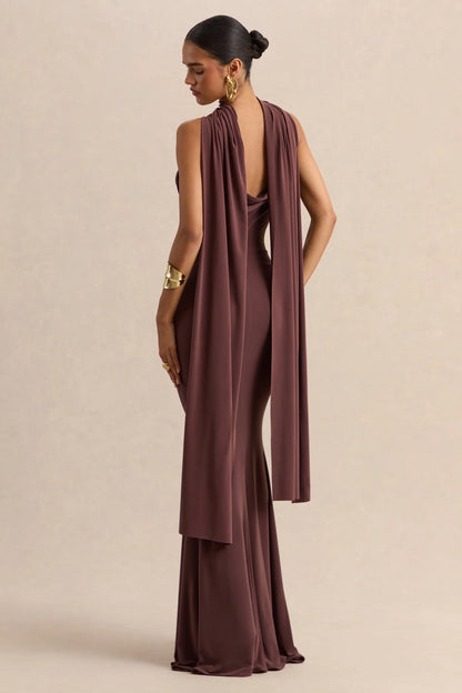 Armelia Brown Cowl Neck Maxi Dress With Scarf Detail