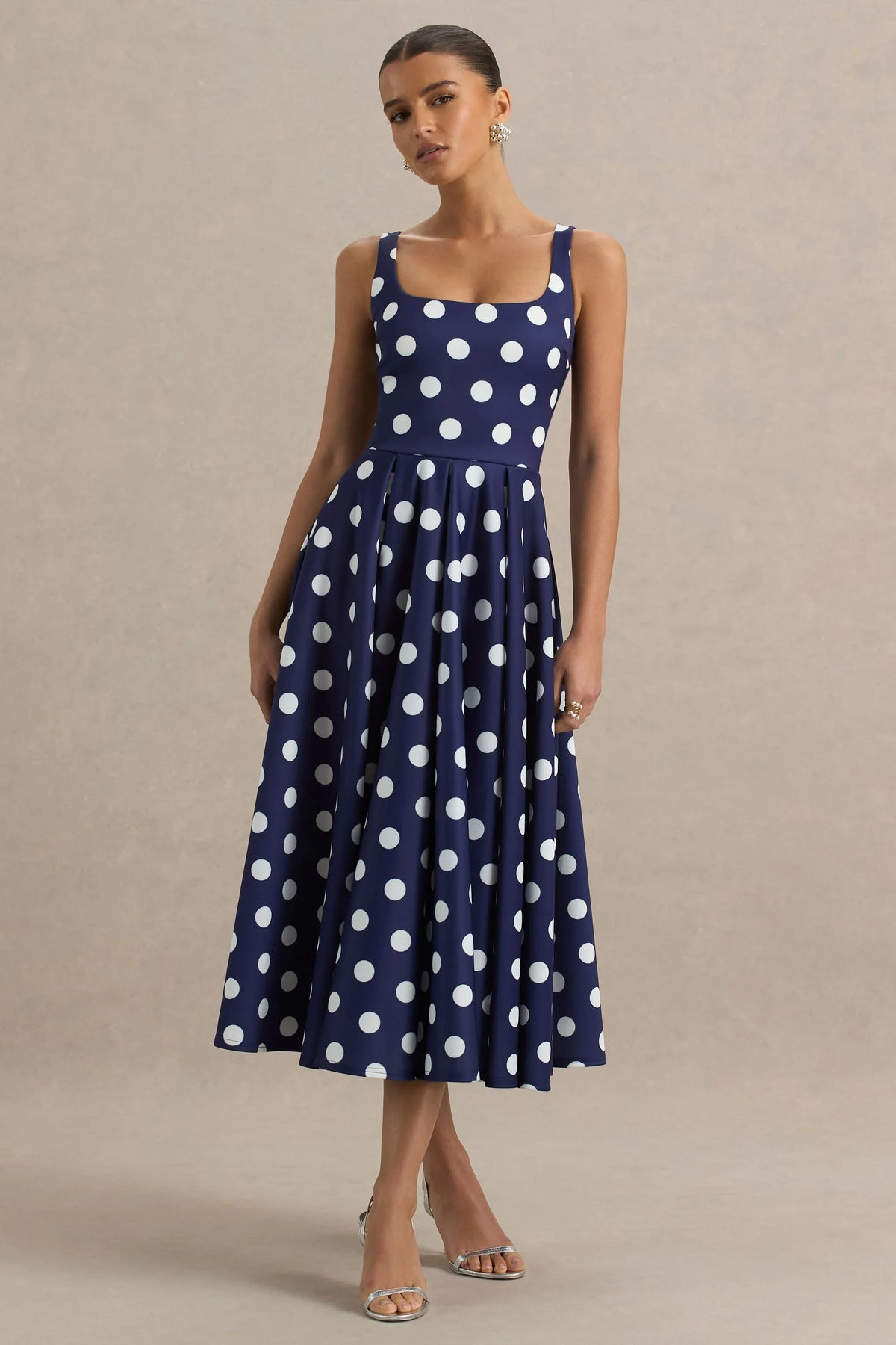 Berta Navy And White Polka Dot Square Neck Midi Dress