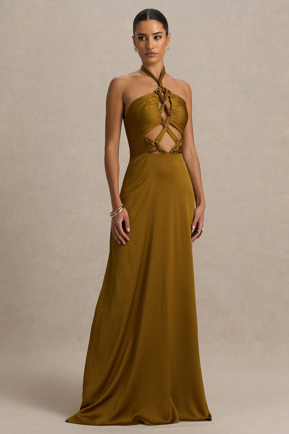 Aleera Olive Chiffon Halter Neck Maxi Dress With Cut Out Detail