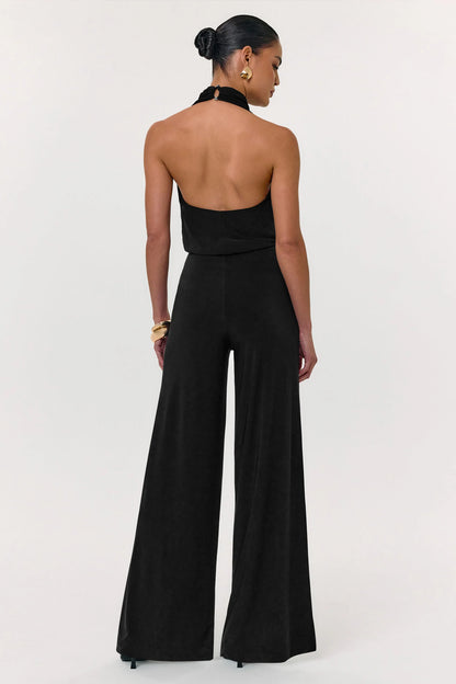 Asha Black High Neck Jumpsuit With Ruched Detail
