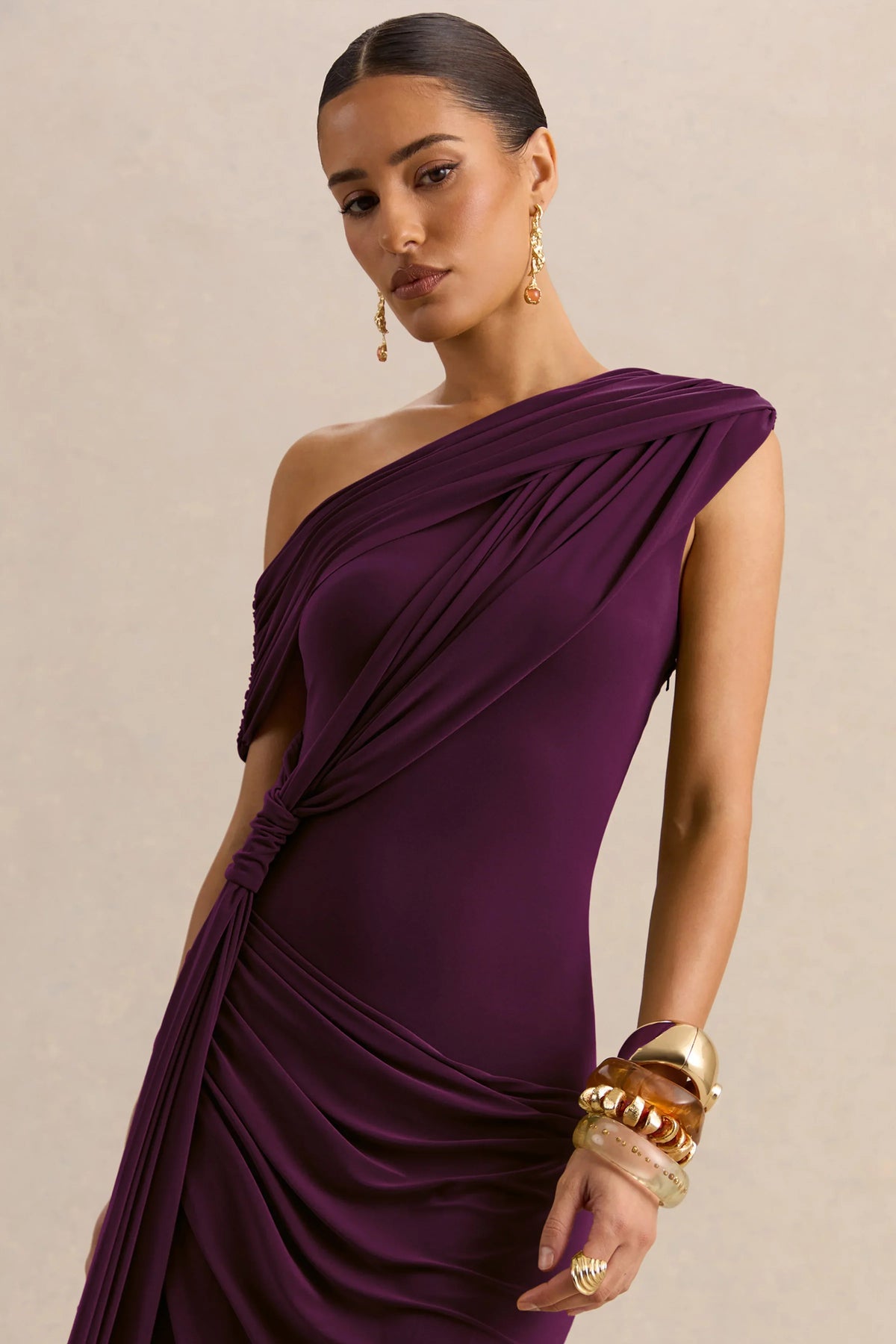 Avialee Dark Plum Asymmetric Neck Maxi Dress With Gathered Detailing And Sash