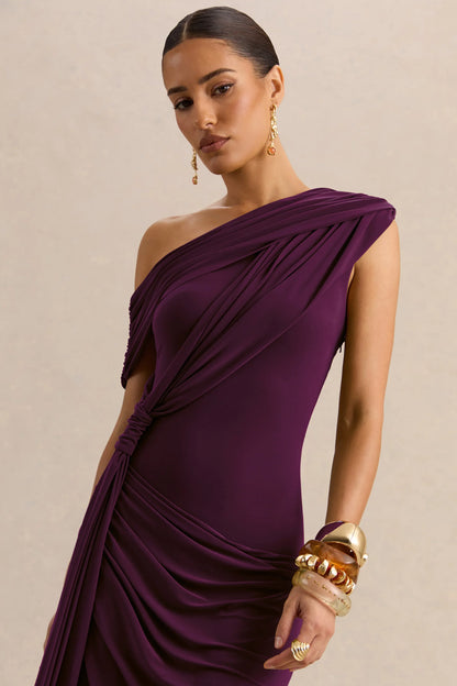Avialee Dark Plum Asymmetric Neck Maxi Dress With Gathered Detailing And Sash