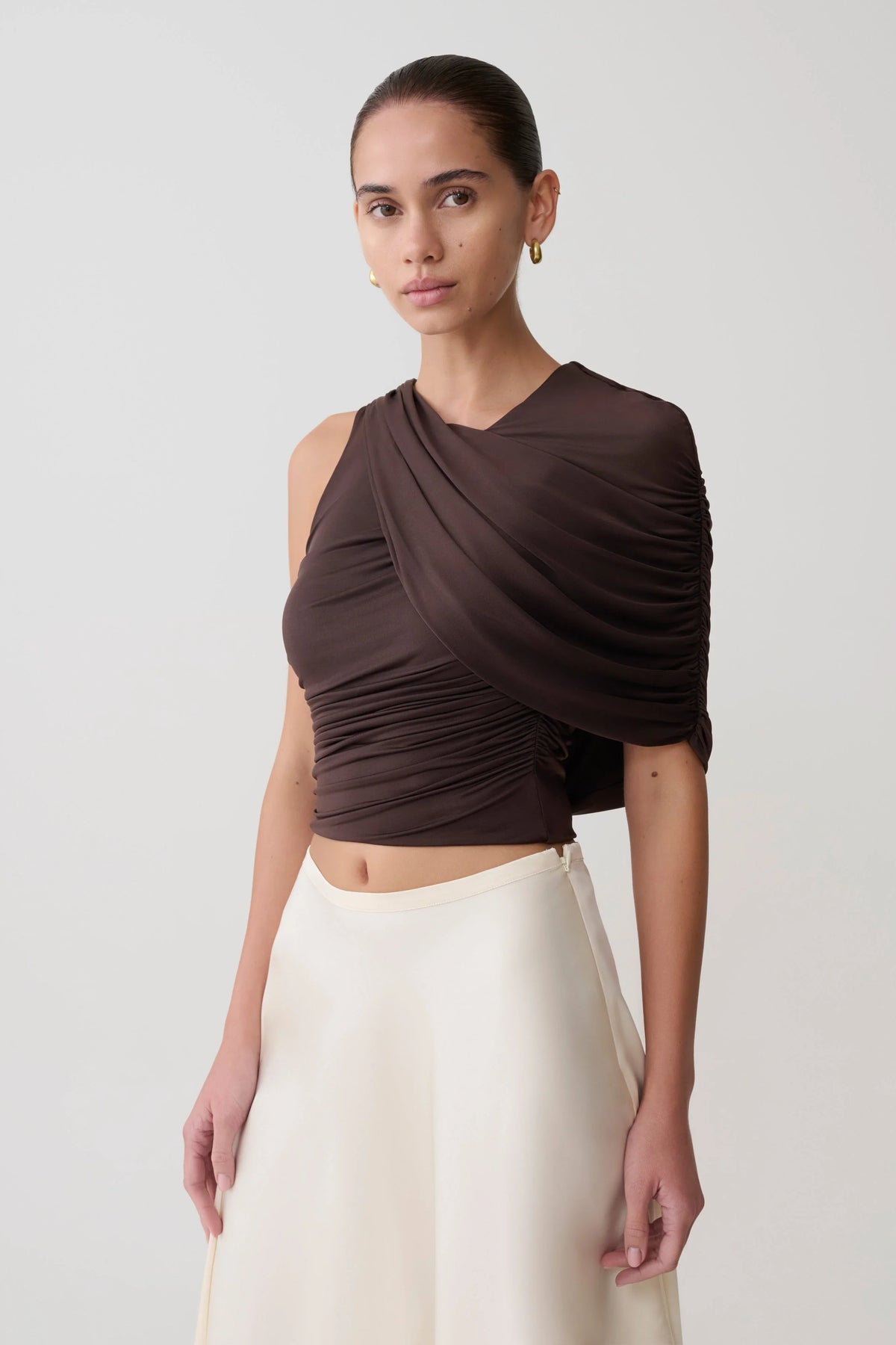Adrienne One Shoulder Slinky Top Chocolate