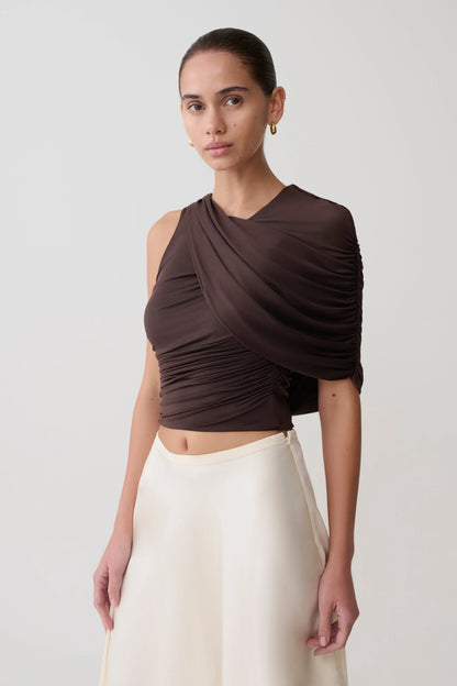 Adrienne One Shoulder Slinky Top Chocolate