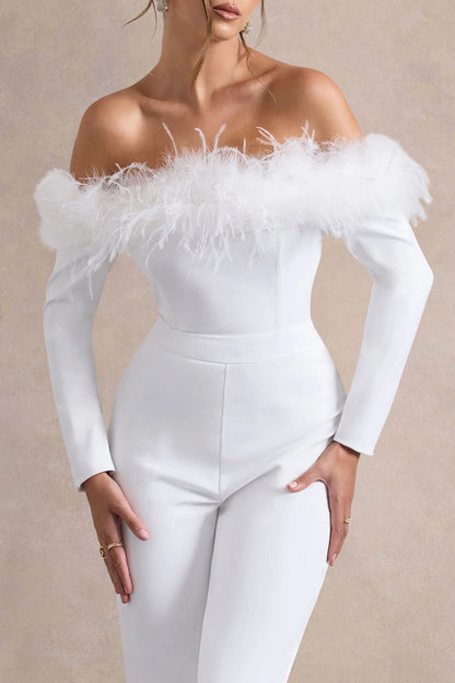 Ales White Bardot Tailored Straight Leg Jumpsuit With Feather Trim