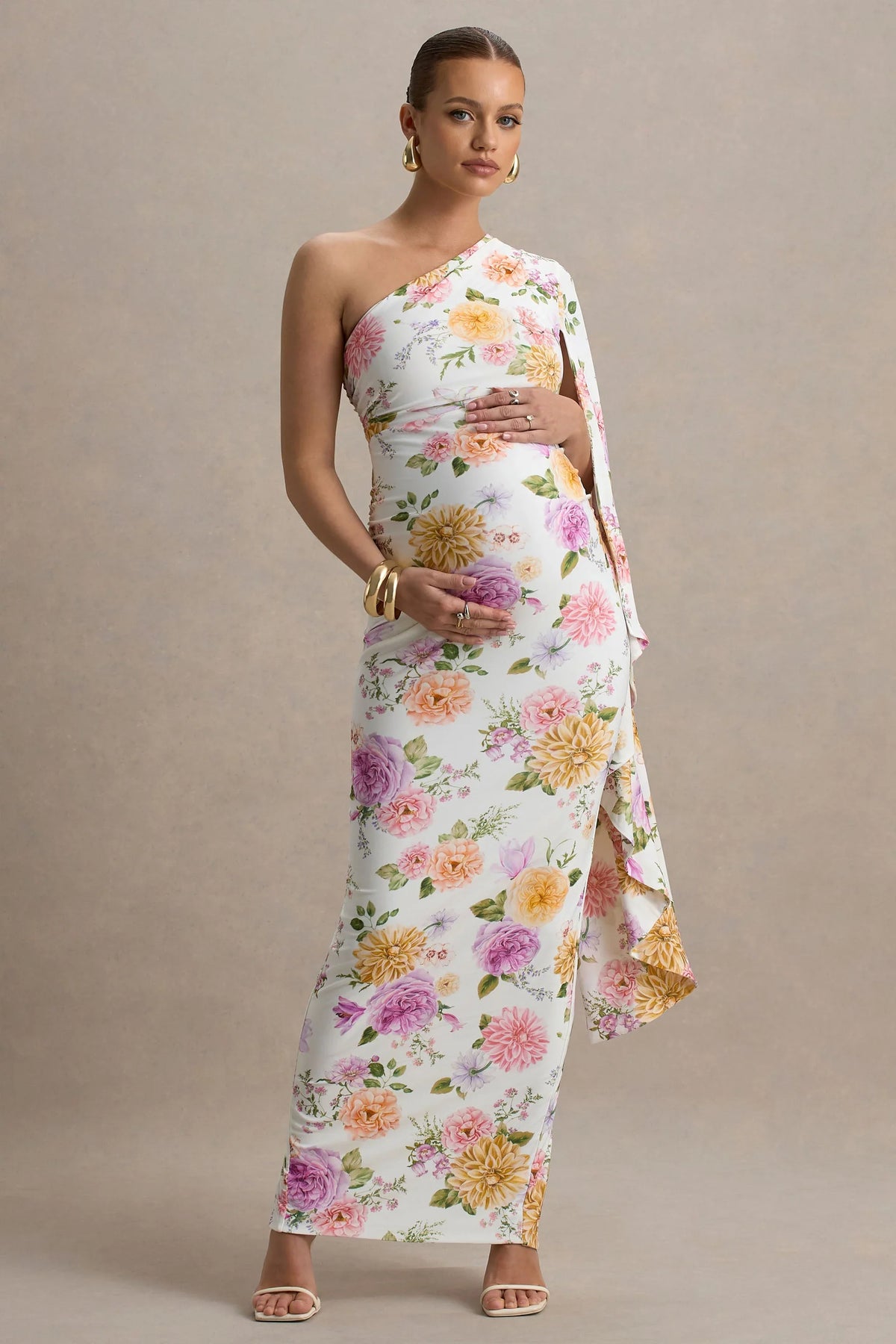 Aliana Peach And Lilac Floral Print Asymmetric Maternity Maxi Dress With Ruched Detailing