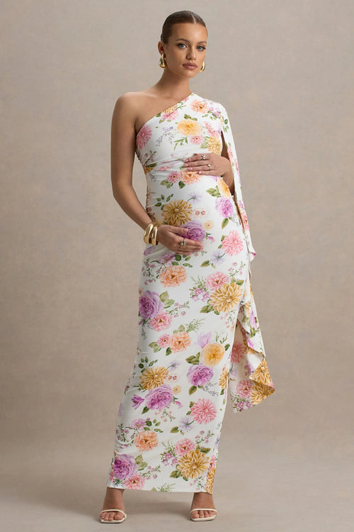 Aliana Peach And Lilac Floral Print Asymmetric Maternity Maxi Dress With Ruched Detailing