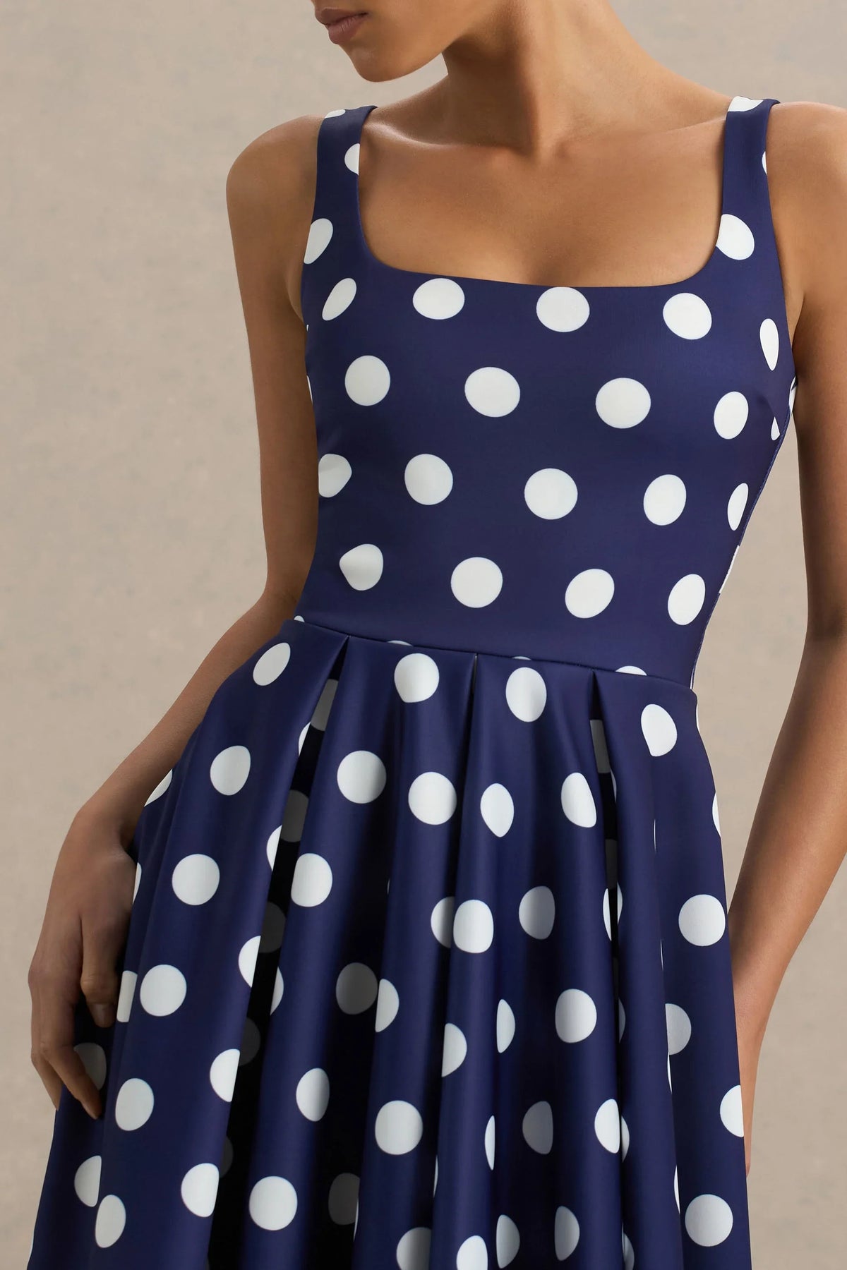 Berta Navy And White Polka Dot Square Neck Midi Dress