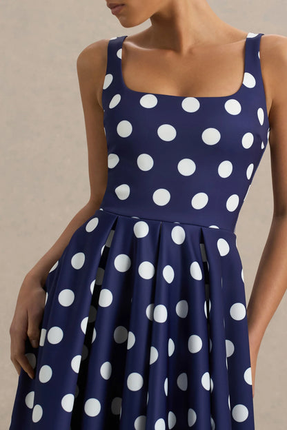 Berta Navy And White Polka Dot Square Neck Midi Dress