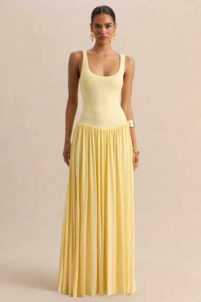 Aurina Lemon Square Neck Maxi Dress With Scarf Detail