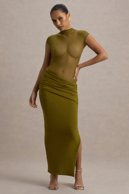 Asia Green Sheer Short Sleeve Draped Maxi Dress