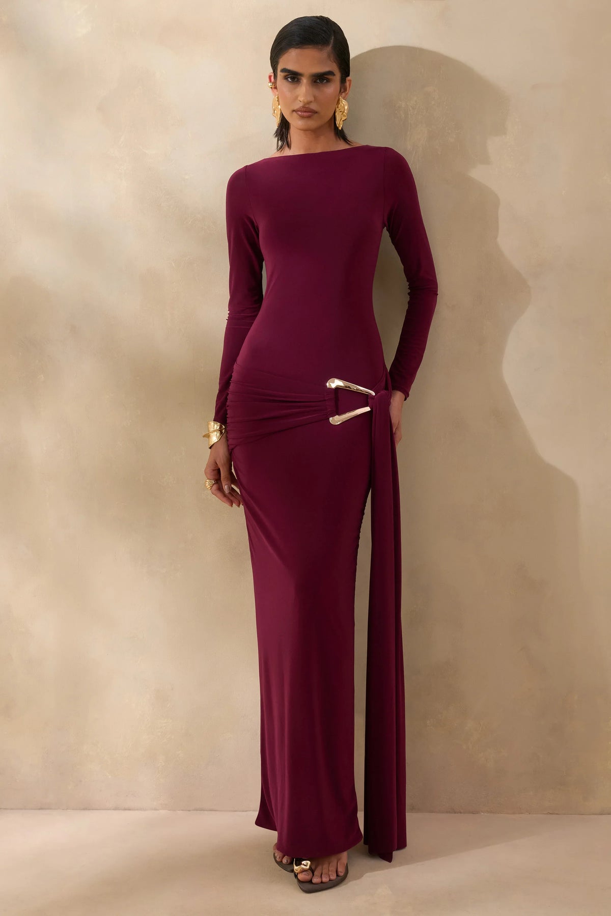 Astrielle Burgundy Wide Neck With Gold Detail And Sash