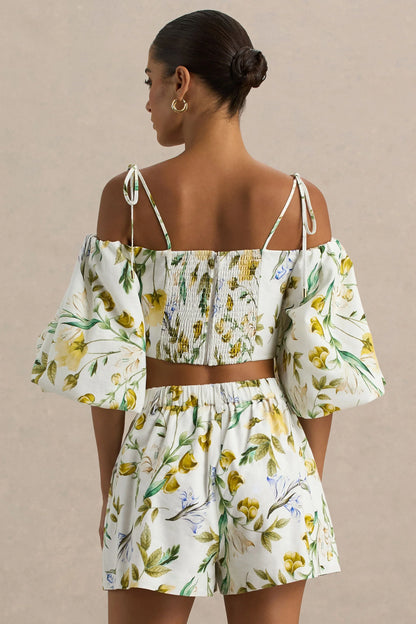 Amberly Lemon Floral Print Plunge Neck Ruffled Crop Top