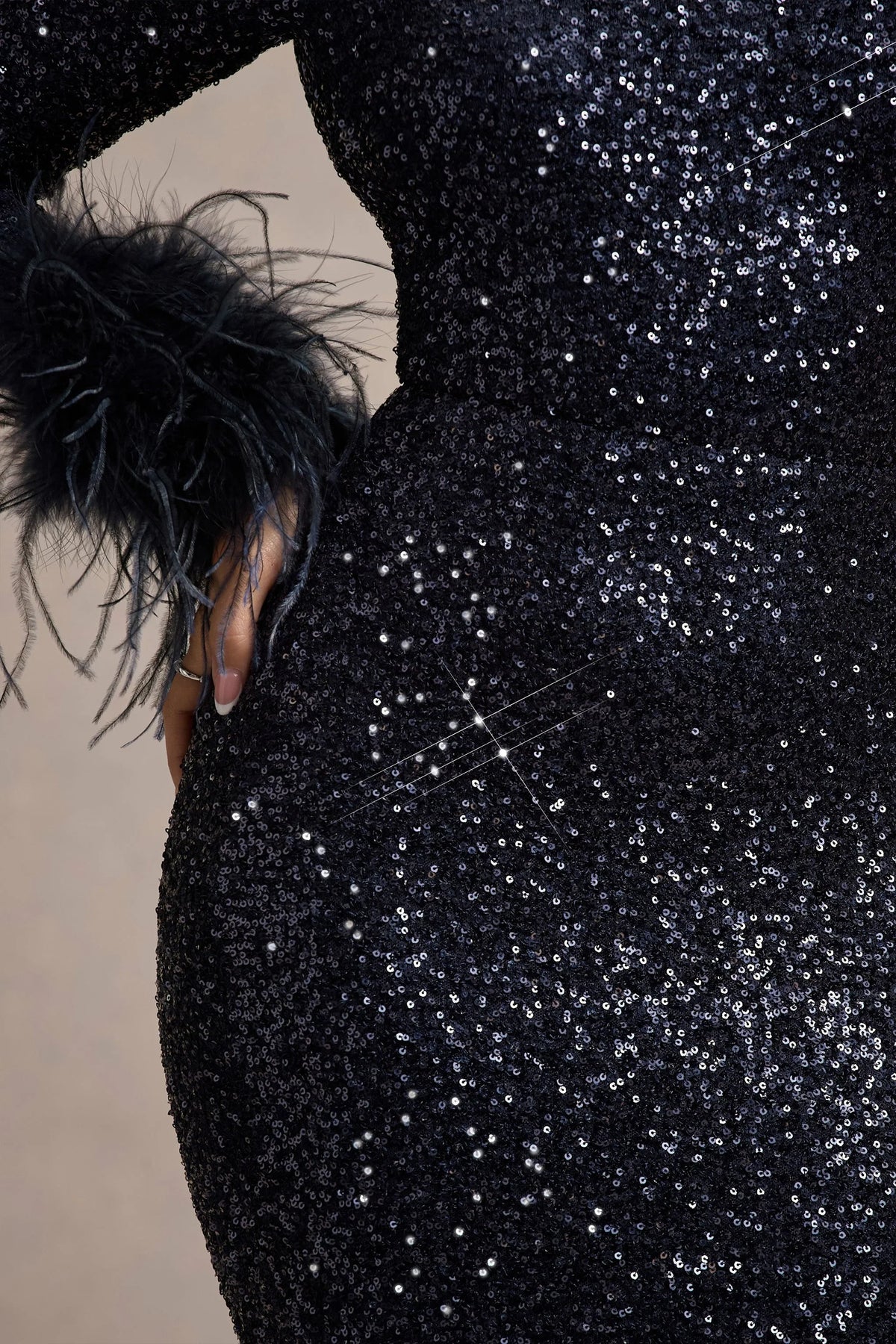 Analina Navy Sequin Long Sleeved Midi Dress With Feather Cuffs
