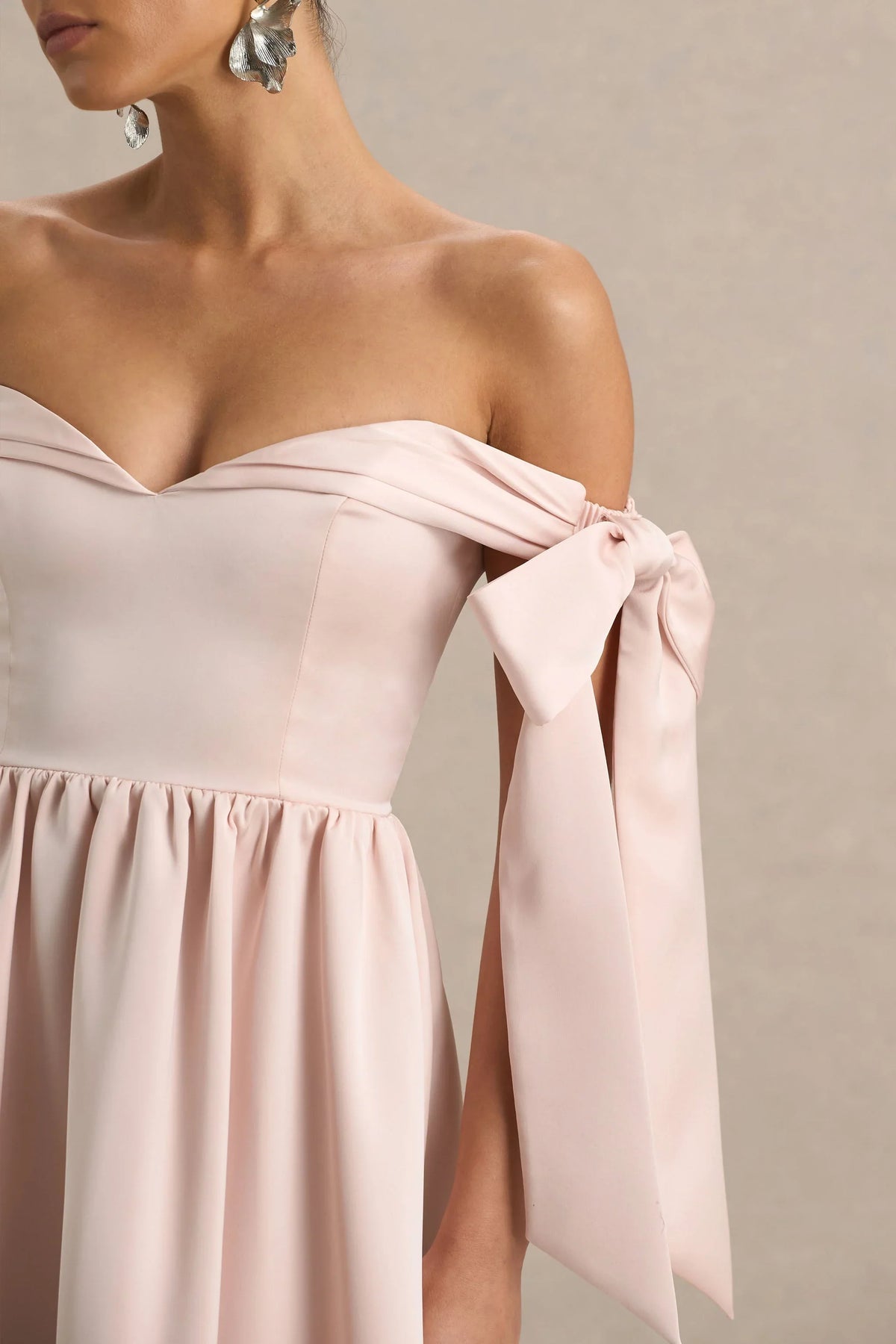 Agafay Rose Pink Satin Short Sleeve Bardot Wrap Midi Dress With Bow Detail