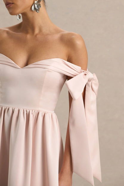Agafay Rose Pink Satin Short Sleeve Bardot Wrap Midi Dress With Bow Detail