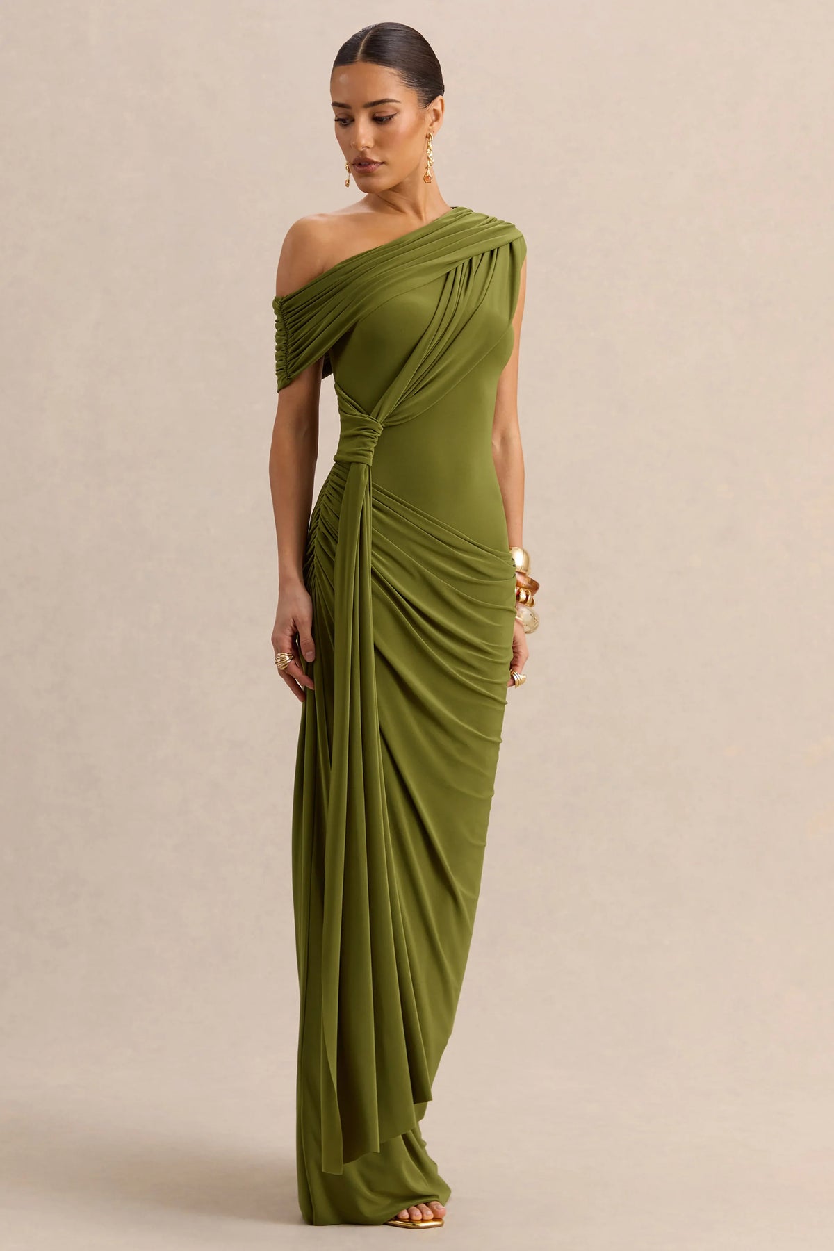 Avialee Green Asymmetric Neck Maxi Dress With Gathered Detailing And Sash