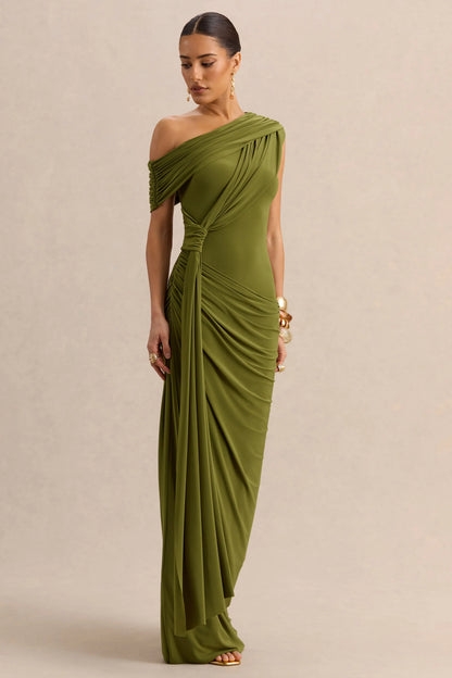 Avialee Green Asymmetric Neck Maxi Dress With Gathered Detailing And Sash