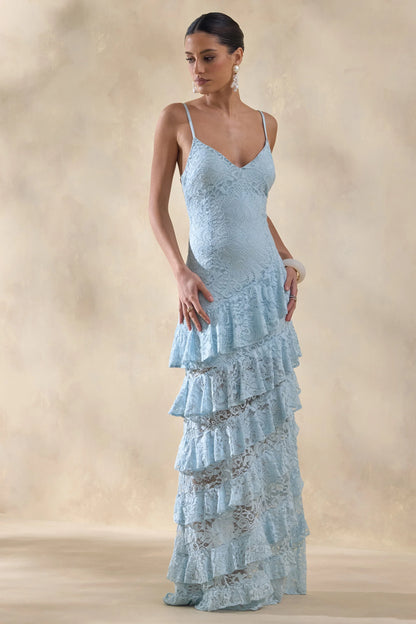 Avelisse Blue Lace Plunge Neck Maxi Dress With Ruffled Detailing