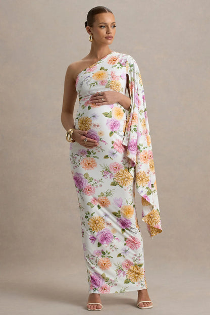 Aliana Peach And Lilac Floral Print Asymmetric Maternity Maxi Dress With Ruched Detailing