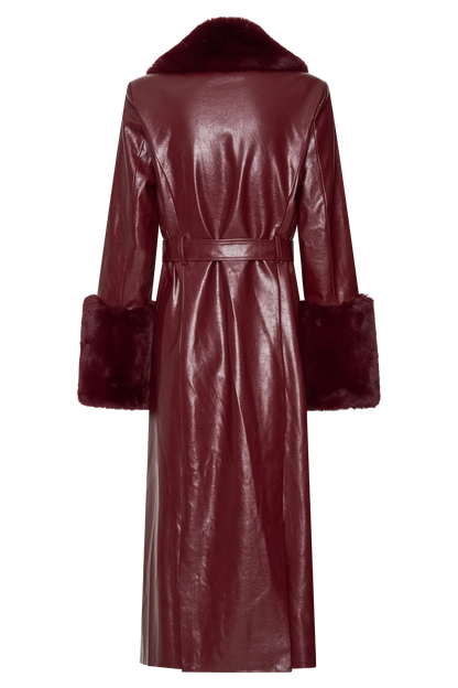 Bec Faux Leather Trench Coat With Faux Fur Cherry Red