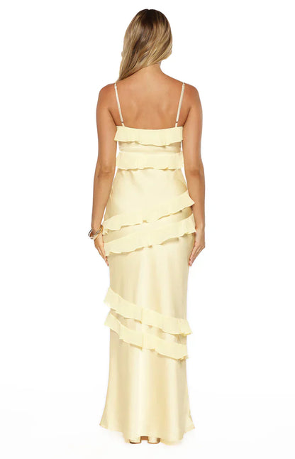 Audra Yellow Ruffle Satin Maxi Dress