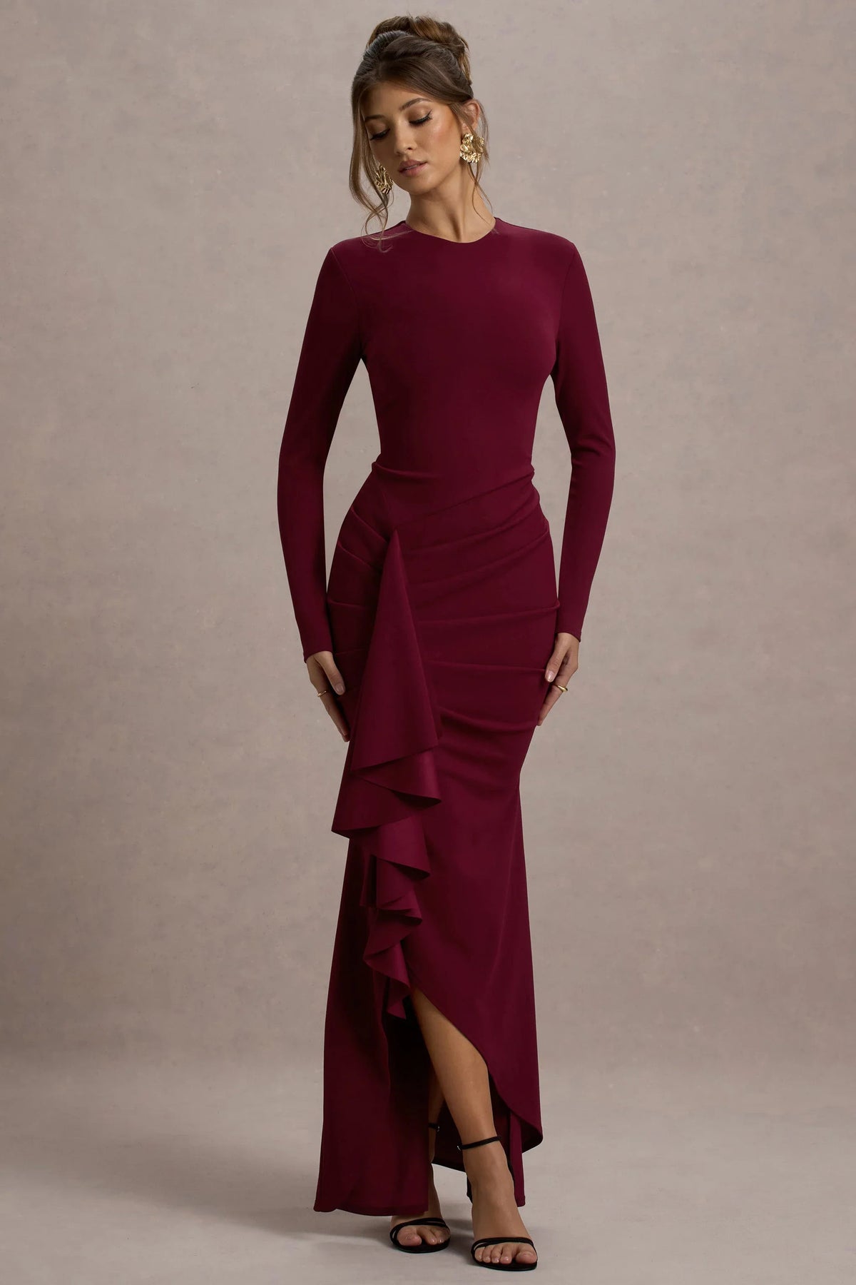 Alayna Berry Long Sleeve Maxi Dress With Ruffled Split