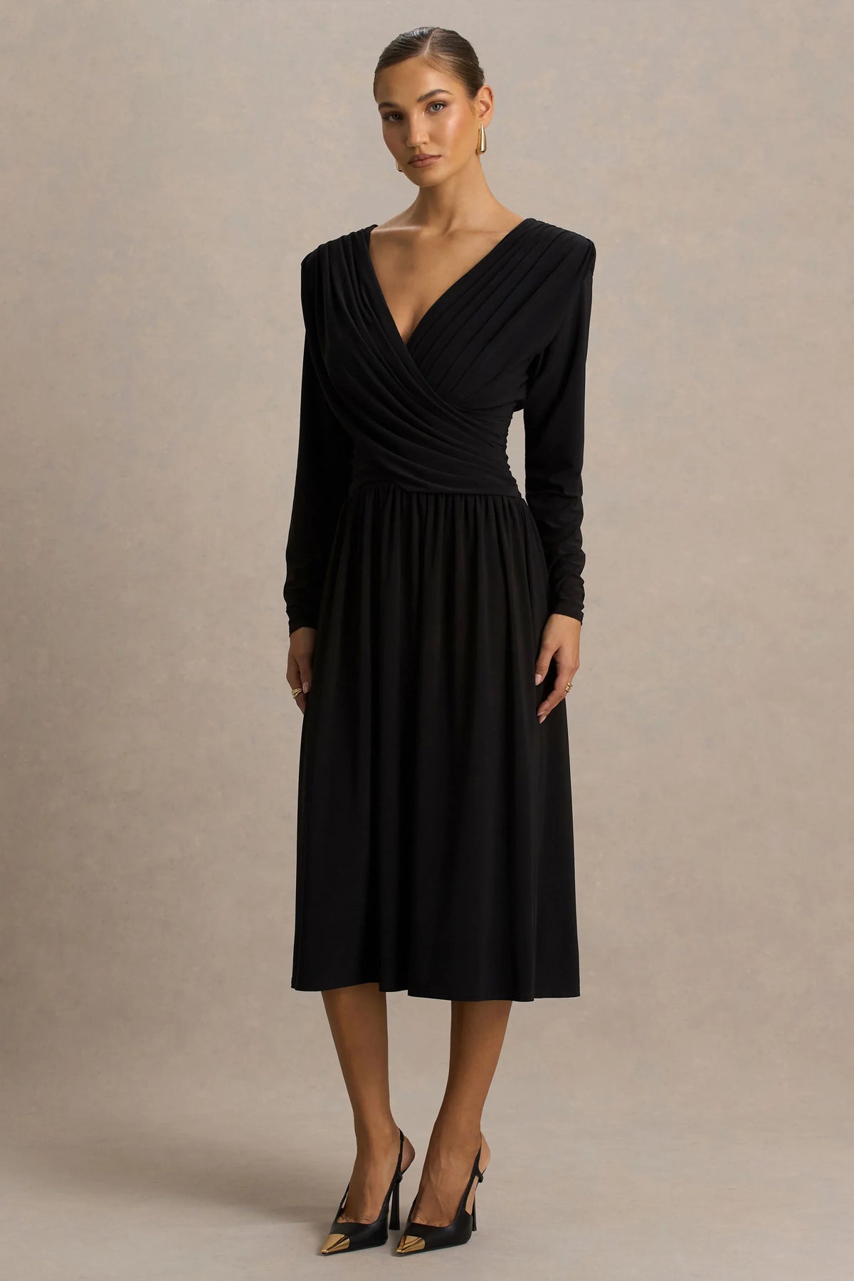 Alexis Black Plunge Neck Midi Dress With Draped And Ruched Detailing
