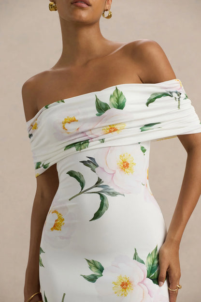 Capri White Rose Print Bardot Neck Maxi Dress With Ruched Detailing