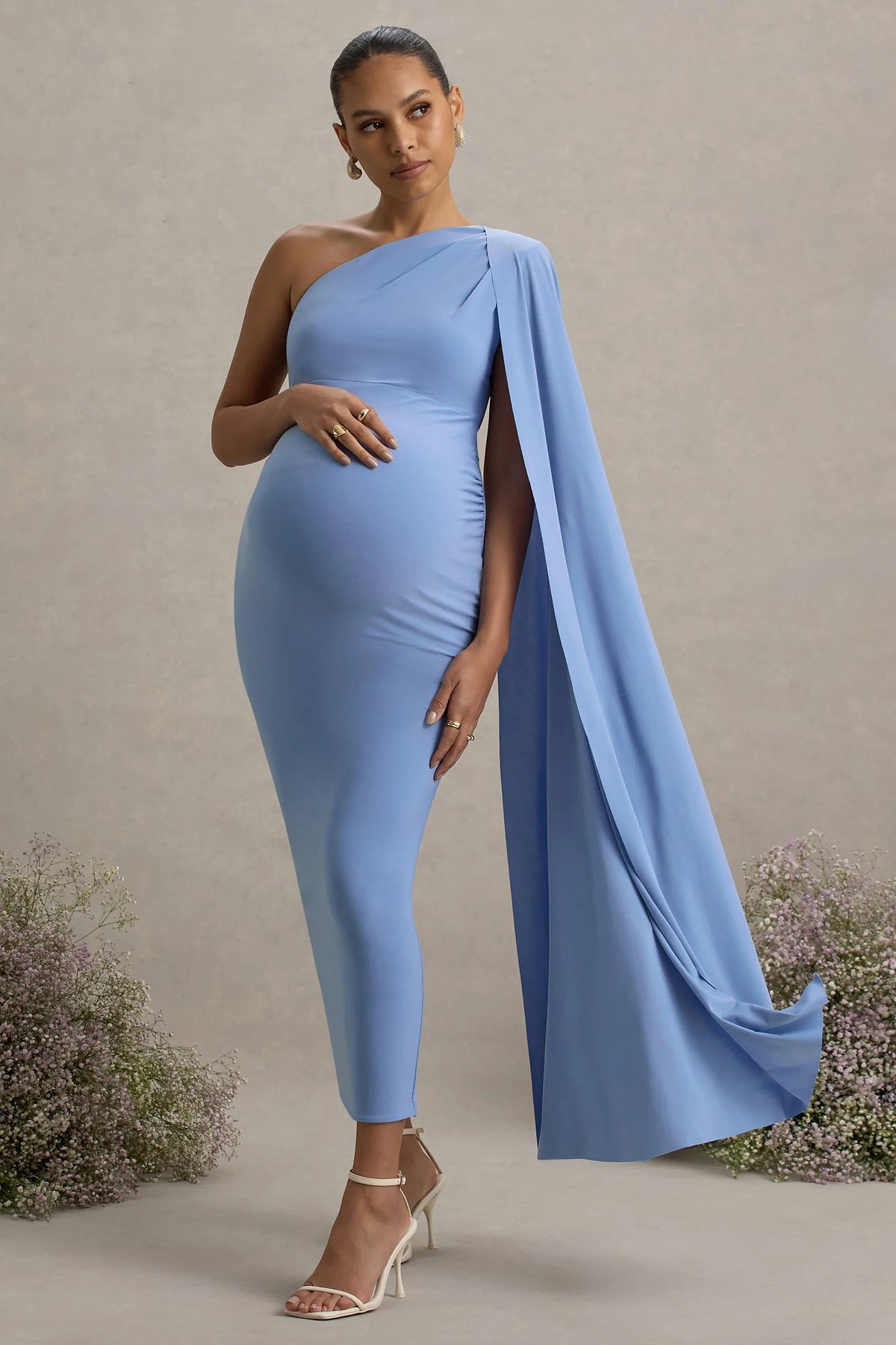 Amaryllis Powder Blue Maternity One Shoulder Maxi Dress with Cape Sleeve