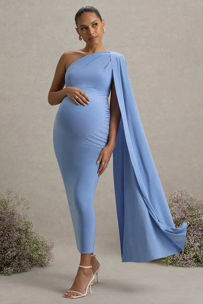 Amaryllis Powder Blue Maternity One Shoulder Maxi Dress with Cape Sleeve