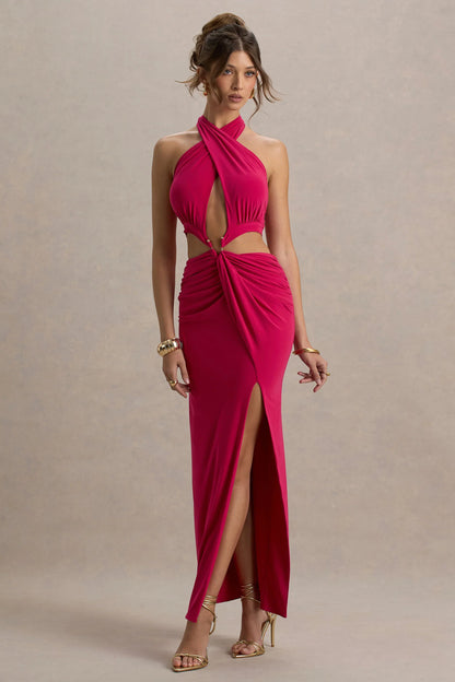 Aura Hot Pink Halter Neck Cut Out Split Maxi Dress