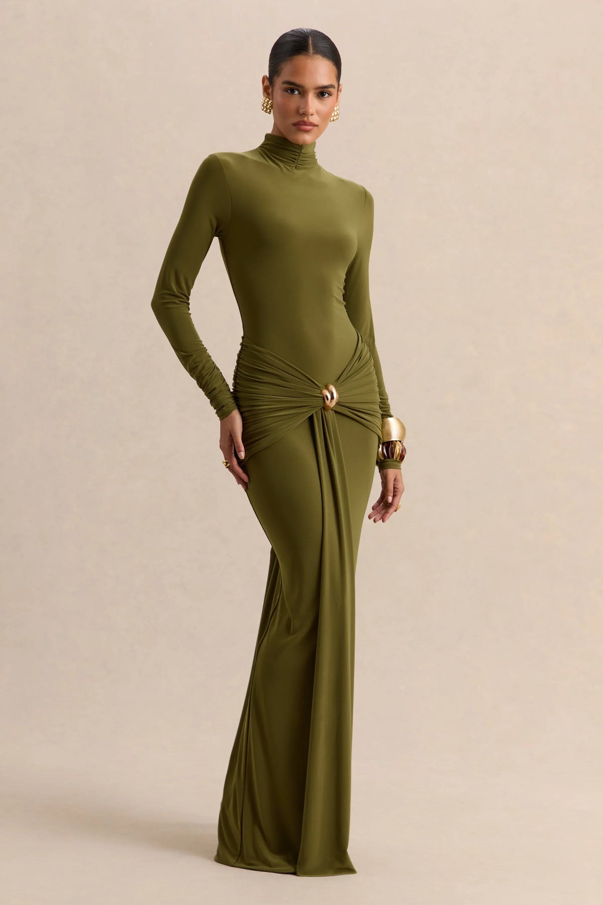 Ambrette Olive High Neck Maxi Dress With Gathered Detailing