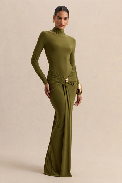 Ambrette Olive High Neck Maxi Dress With Gathered Detailing