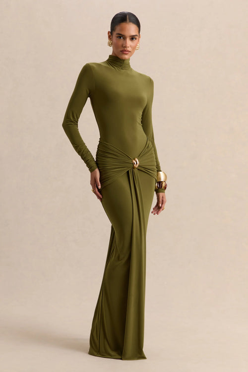 Ambrette Olive High Neck Maxi Dress With Gathered Detailing