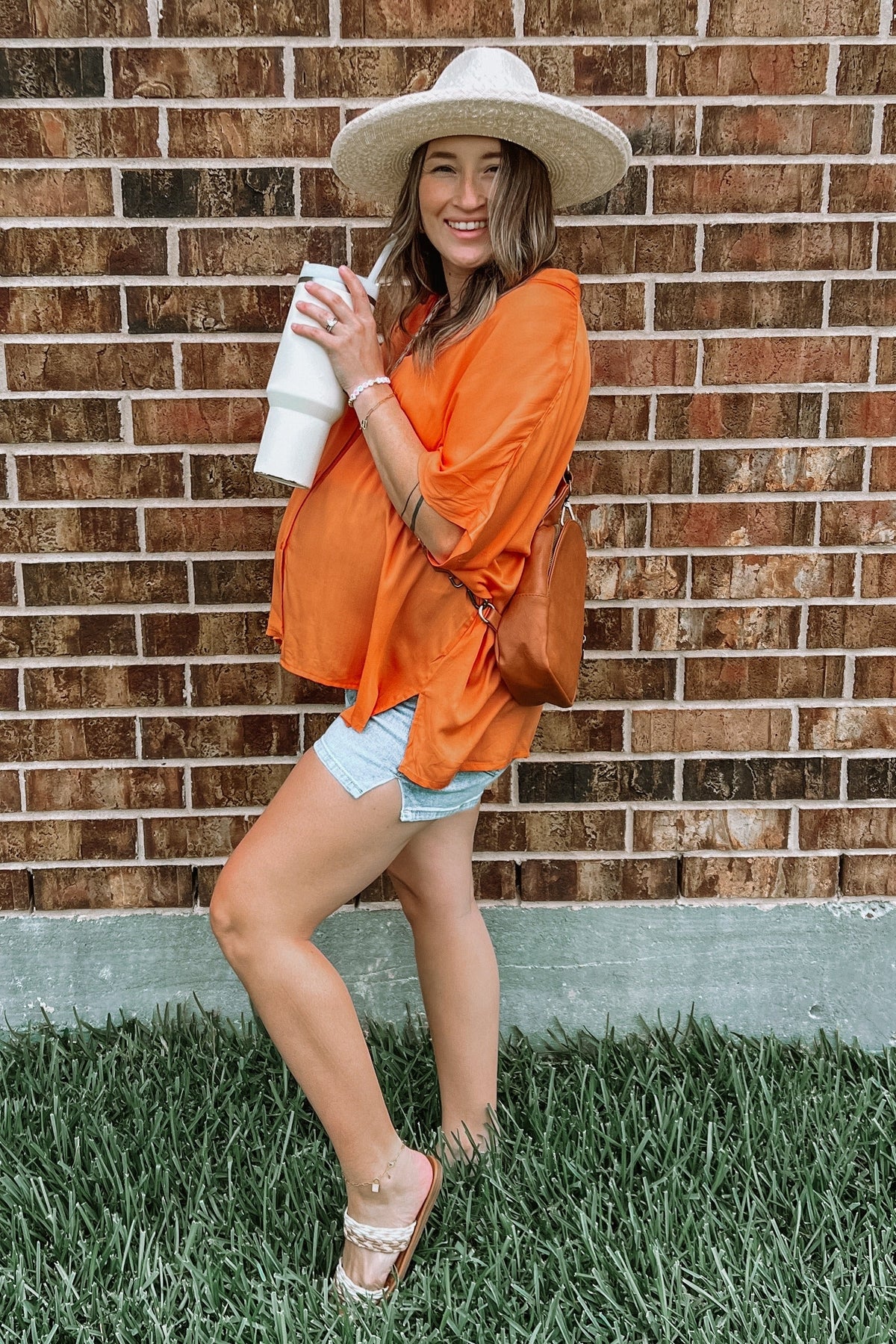 Orange Dolman Sleeve Button Down Maternity Blouse