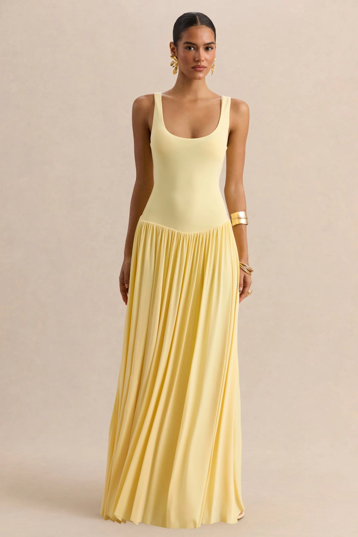 Aurina Lemon Square Neck Maxi Dress With Scarf Detail