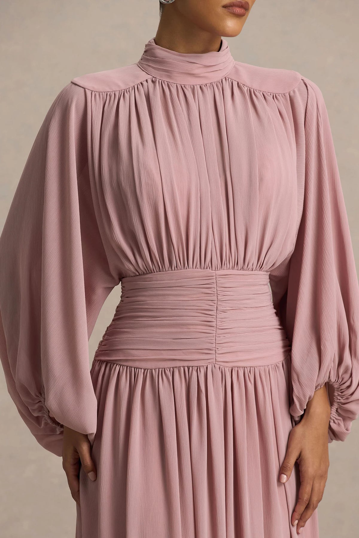 Annabel Dusty Pink High Neck Midi Dress With Drop Waist And Pleated Detailing