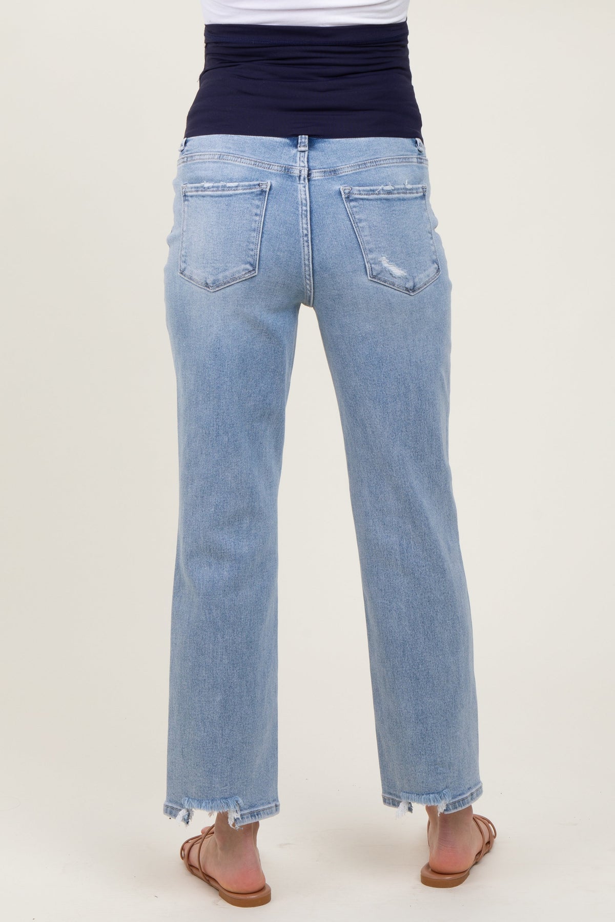 Light Blue Distressed Cutout Maternity Straight Leg Ankle Jeans