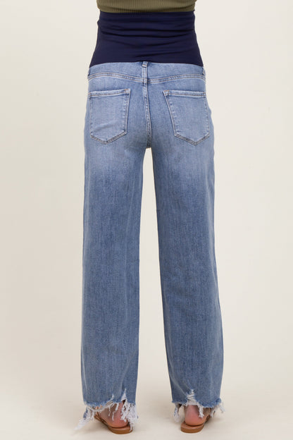 Light Blue Distressed Asymmetrical Fringe Hem Straight Leg Maternity Jeans