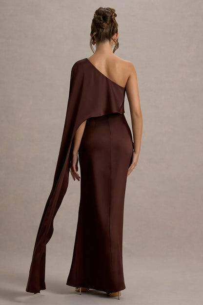 Amora Brown Satin Asymmetric Cape Sleeve Split Maxi Dress