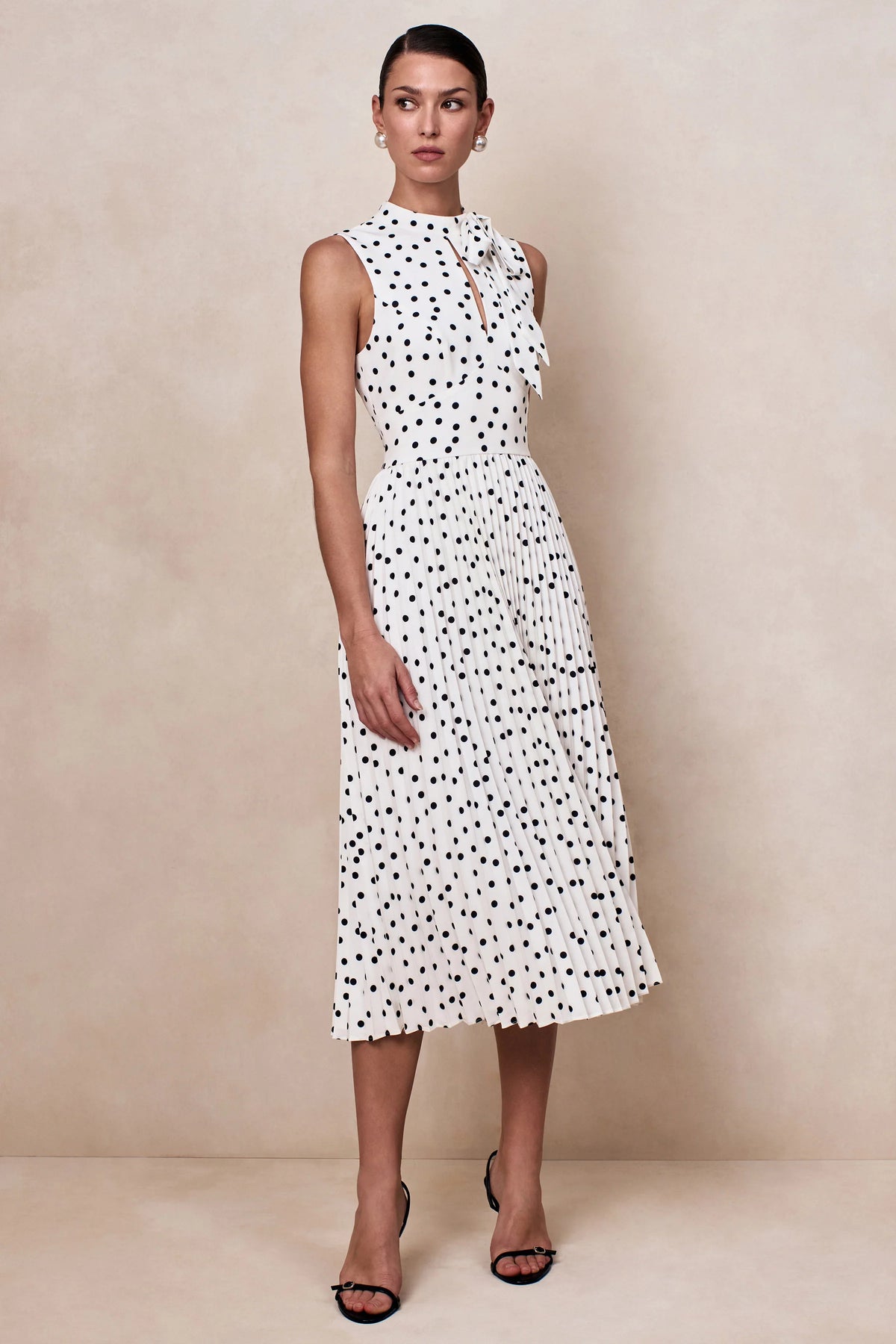 Avalon White Polka Dot Scarf Neck Midi Dress With Pleated Skirt