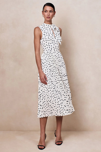 Avalon White Polka Dot Scarf Neck Midi Dress With Pleated Skirt
