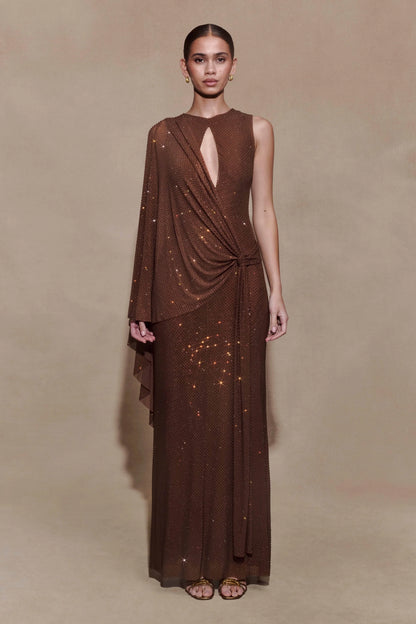 Bakari Diamante Cape Maxi Dress Chocolate