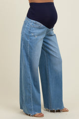 Blue Distressed Hem Super Wide Leg Maternity Jeans